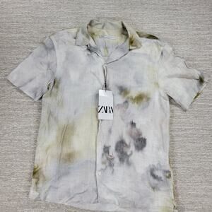 Zara Tie Dye Shirt Mens Small Linen Blend Button Viscose Summer Watercolor New